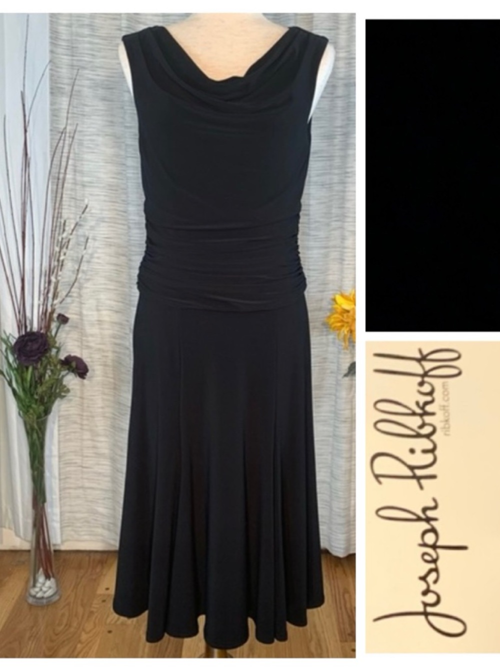 Joseph Ribkoff sold black sleeveless pullover ruched A-line dress.